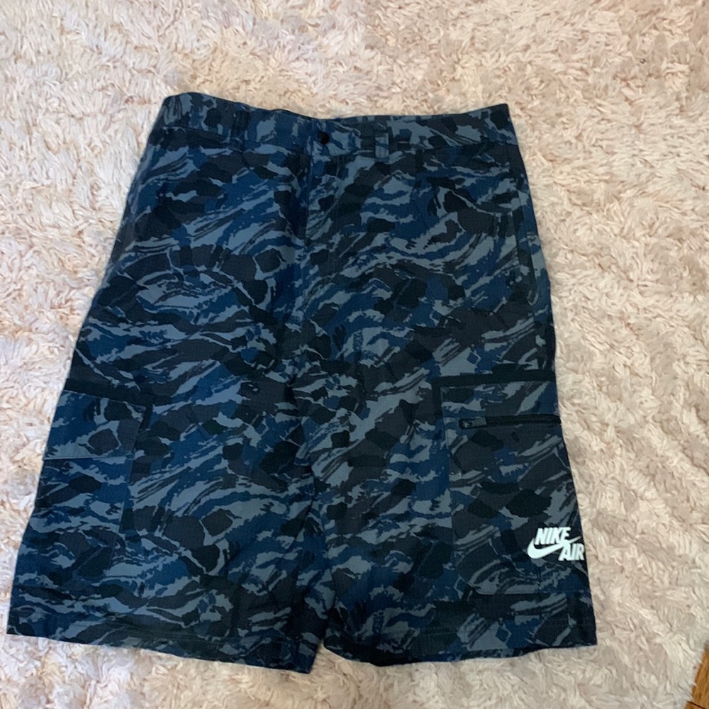 Blue/Black camo cargo Nike polyester shorts. Size 34 waist.